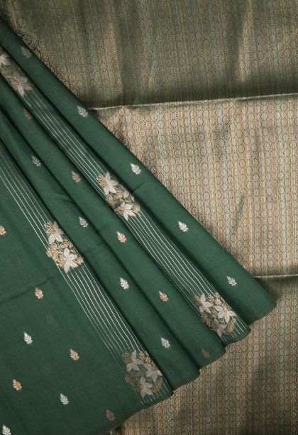 Basil Green Tussar Saree with Silver Zari Stripes