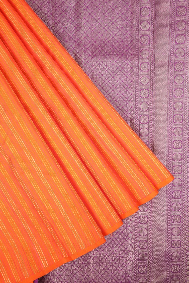 Tiger Orange Kanchipuram Silk Sarees with Gold Zari Stripes view 1