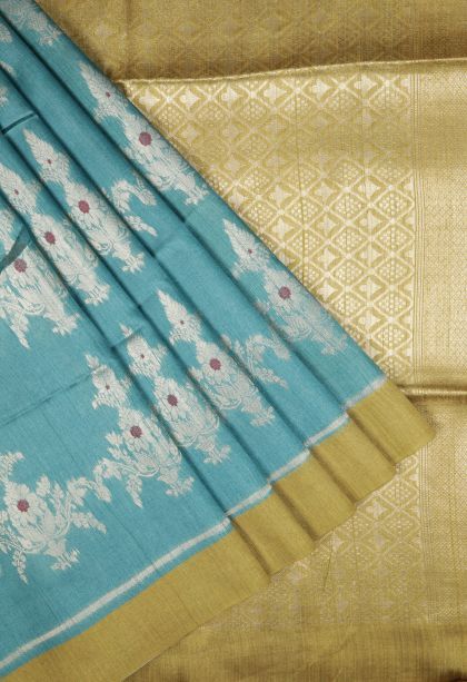 Sapphire Blue Tussar Saree with Silver Zari Floral Patterns