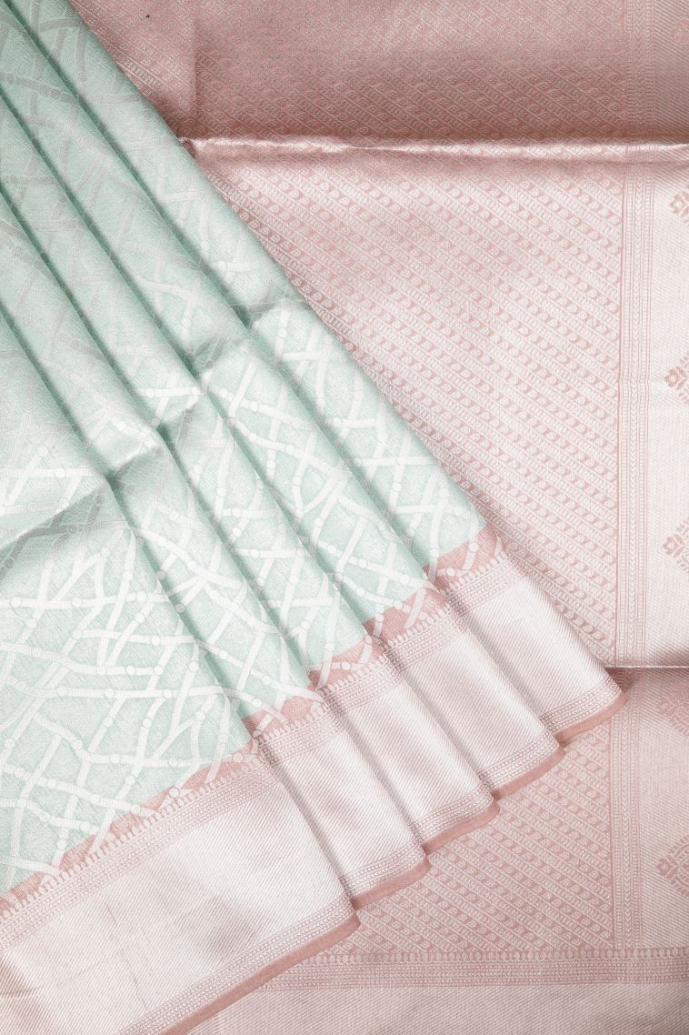 Arctic Blue Tussar Saree with Silver Zari Floral Patterns view 1