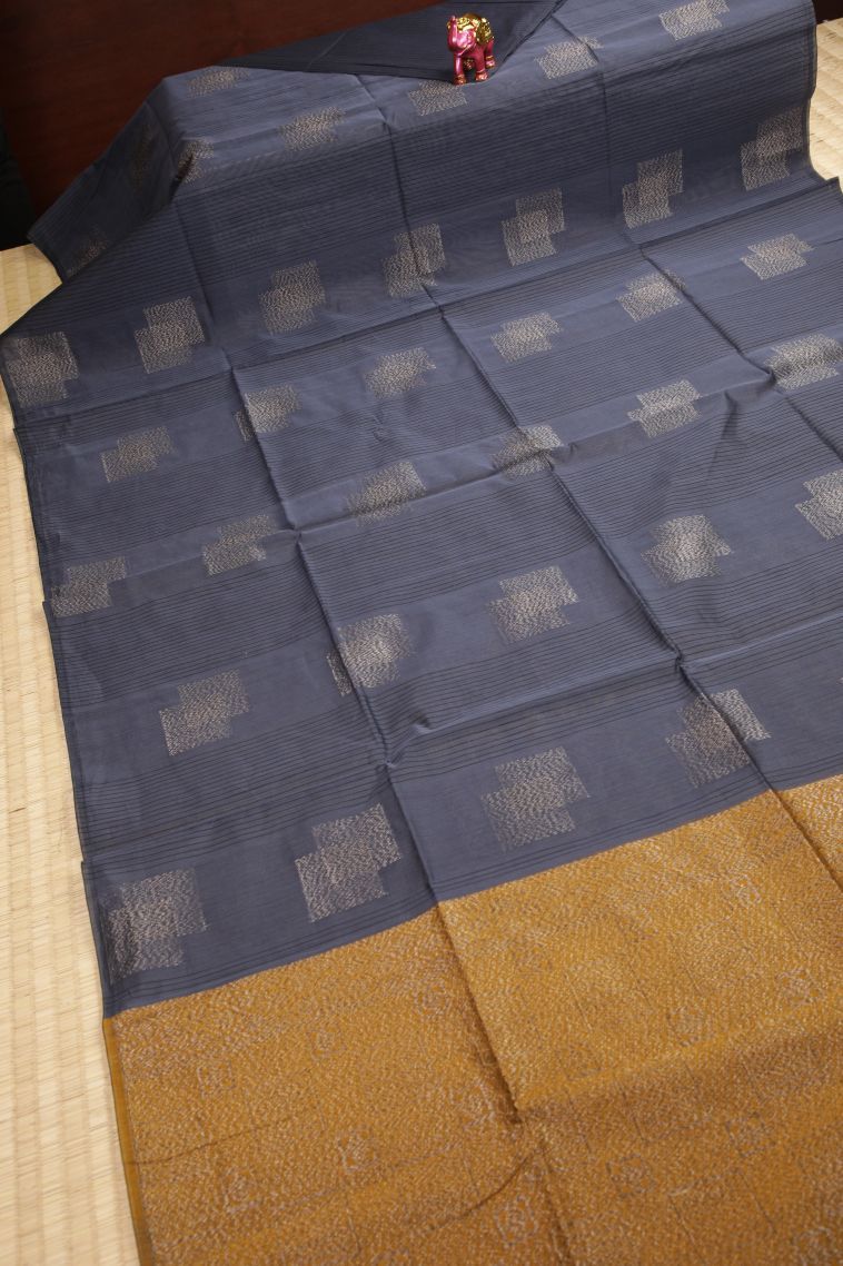 Aegean Blue Silk Cotton Sarees with Bronze Zari Stripes view 2