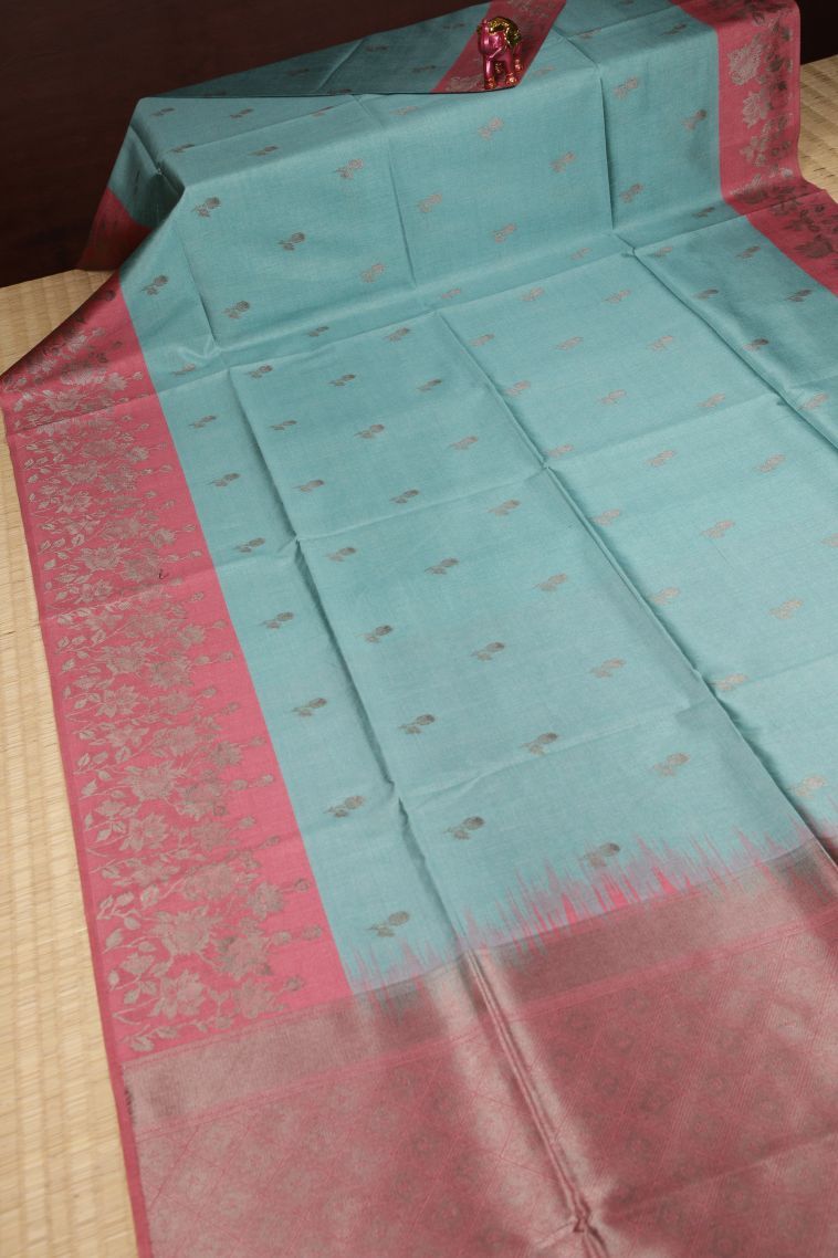 Sky Blue Tussar Saree with Bronze Zari Buttis (small Dots Or Motifs) view 2