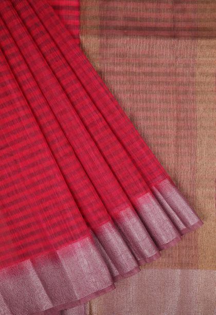 Rose  Red Tussar Saree with Without Zari Zari Stripes