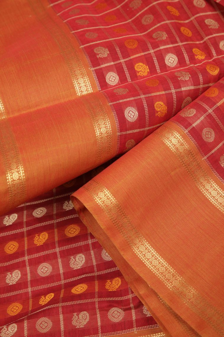 Candy Red Pure Handloom Kovai Cotton with Without Zari Zari Peacock Motifs view 4