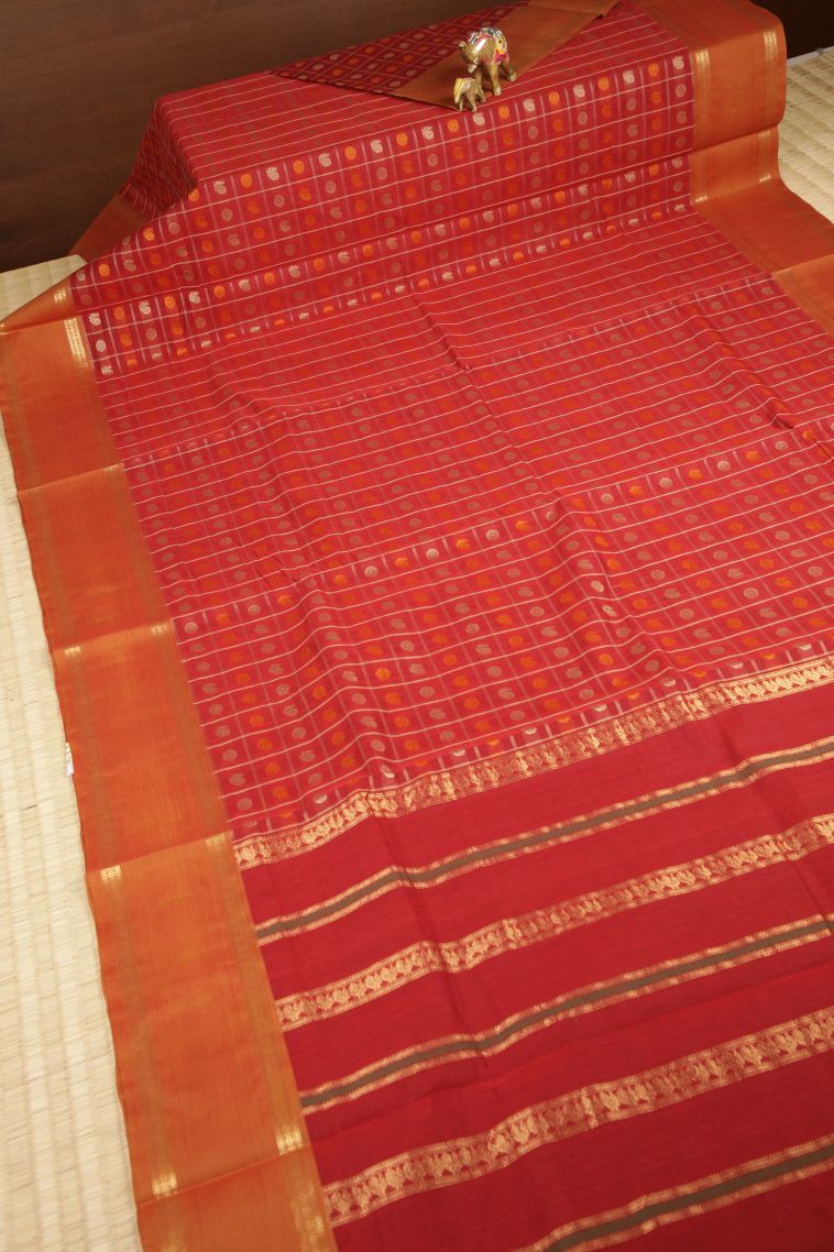 Candy Red Pure Handloom Kovai Cotton with Without Zari Zari Peacock Motifs view 2