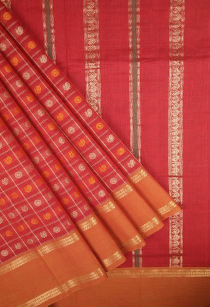 Candy Red Pure Handloom Kovai Cotton with Without Zari Zari Peacock Motifs