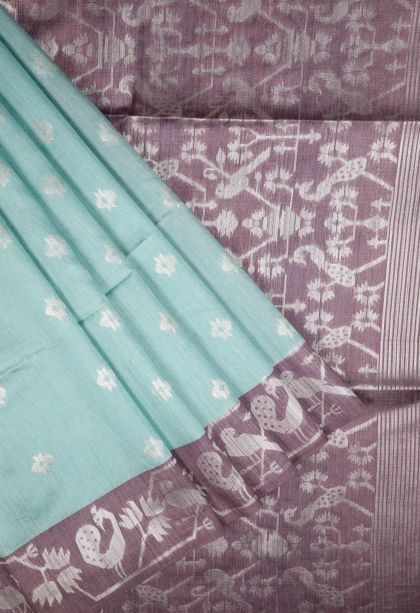 Arctic Blue Tussar Saree with Silver Zari Buttis (small Dots Or Motifs)