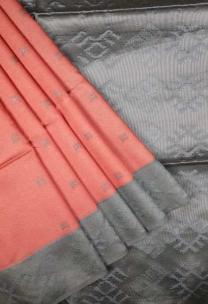 Coral Pink Tussar Saree with Bronze Zari Buttis (small Dots Or Motifs)