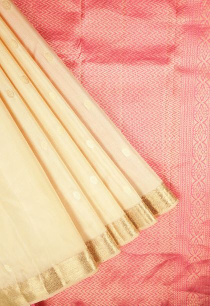 Cream White Soft Silk Saree with Gold Zari Buttis (small Dots Or Motifs)