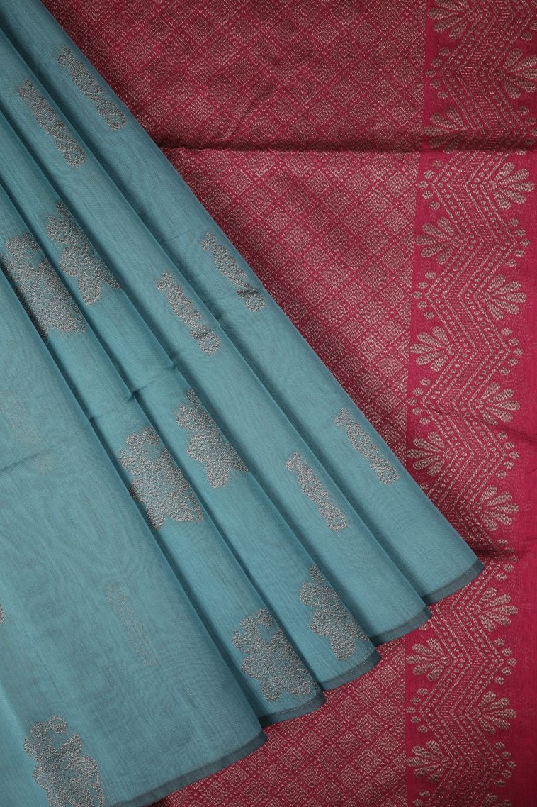 Cerulean Blue Silk Cotton Sarees with Bronze Zari Buttis (small Dots Or Motifs) view 1