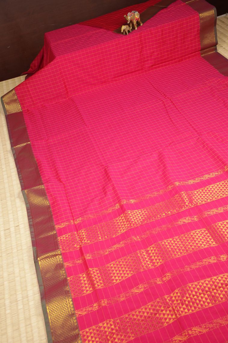 Hot Pink Kalyani Cotton with Without Zari Zari Checks view 2