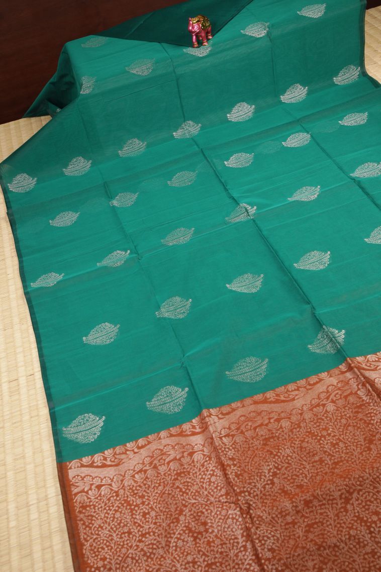 Ocean Blue Silk Cotton Sarees with Silver Zari Buttis (small Dots Or Motifs) view 2