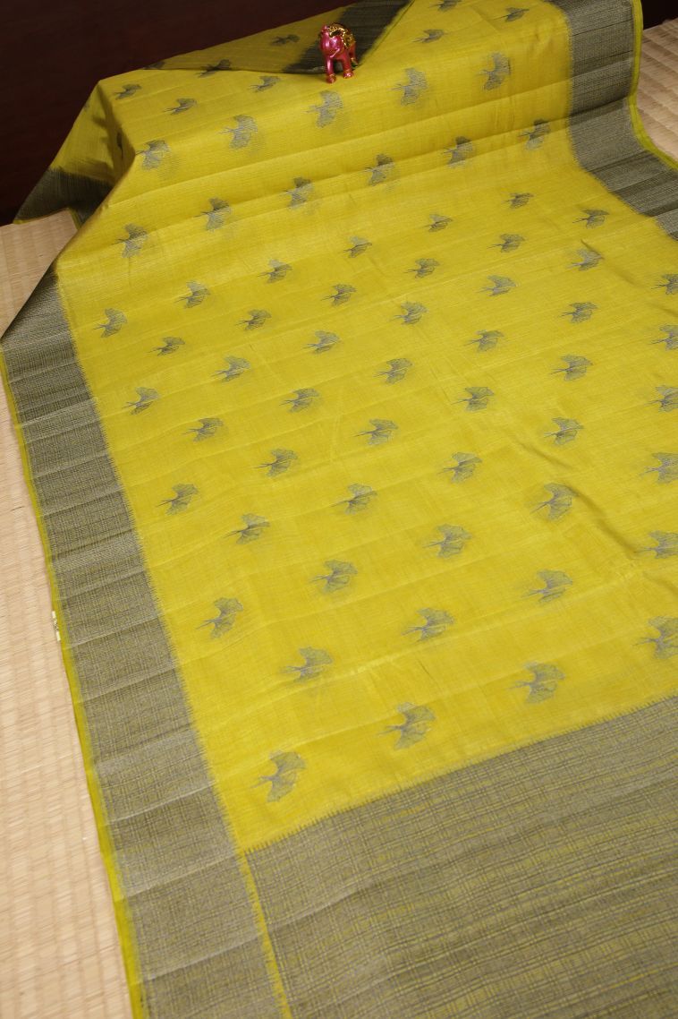Lime Green Tussar Saree with Bronze Zari Buttis (small Dots Or Motifs) view 2
