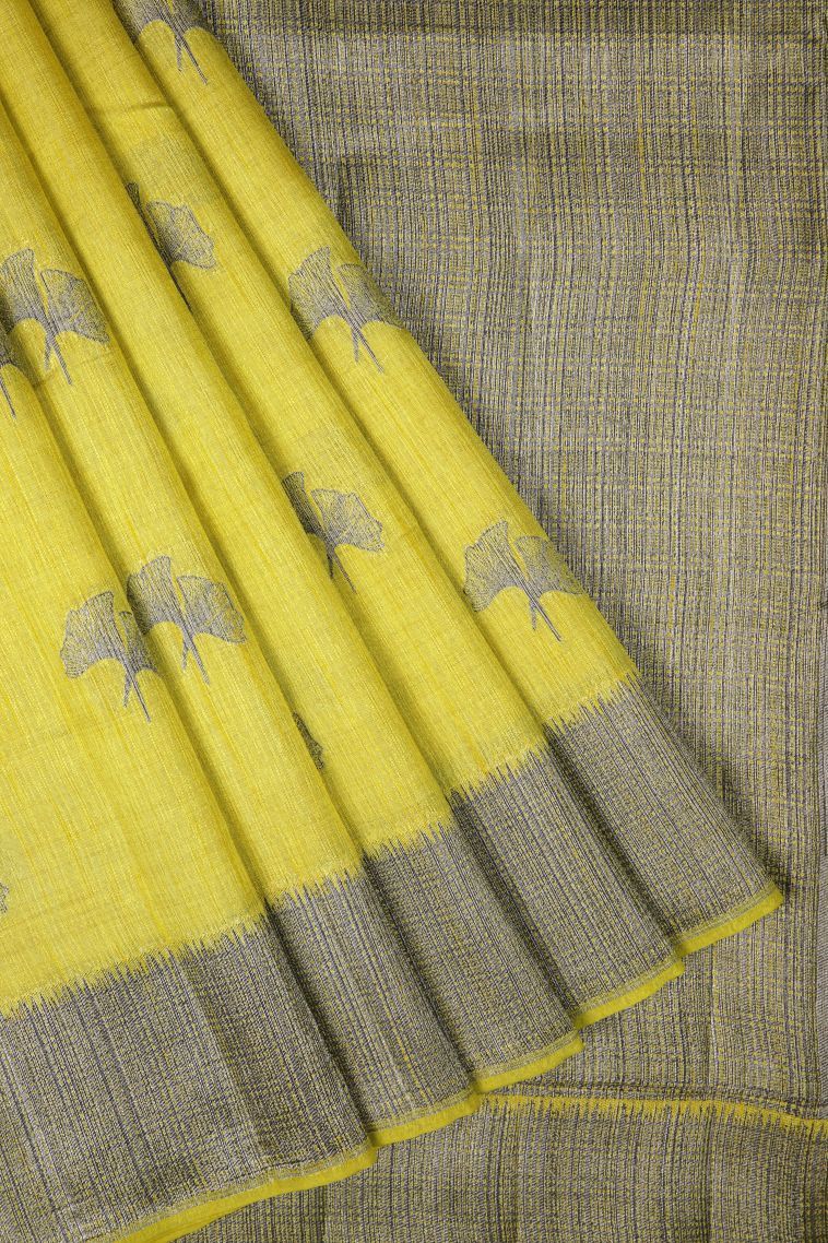 Lime Green Tussar Saree with Bronze Zari Buttis (small Dots Or Motifs) view 1