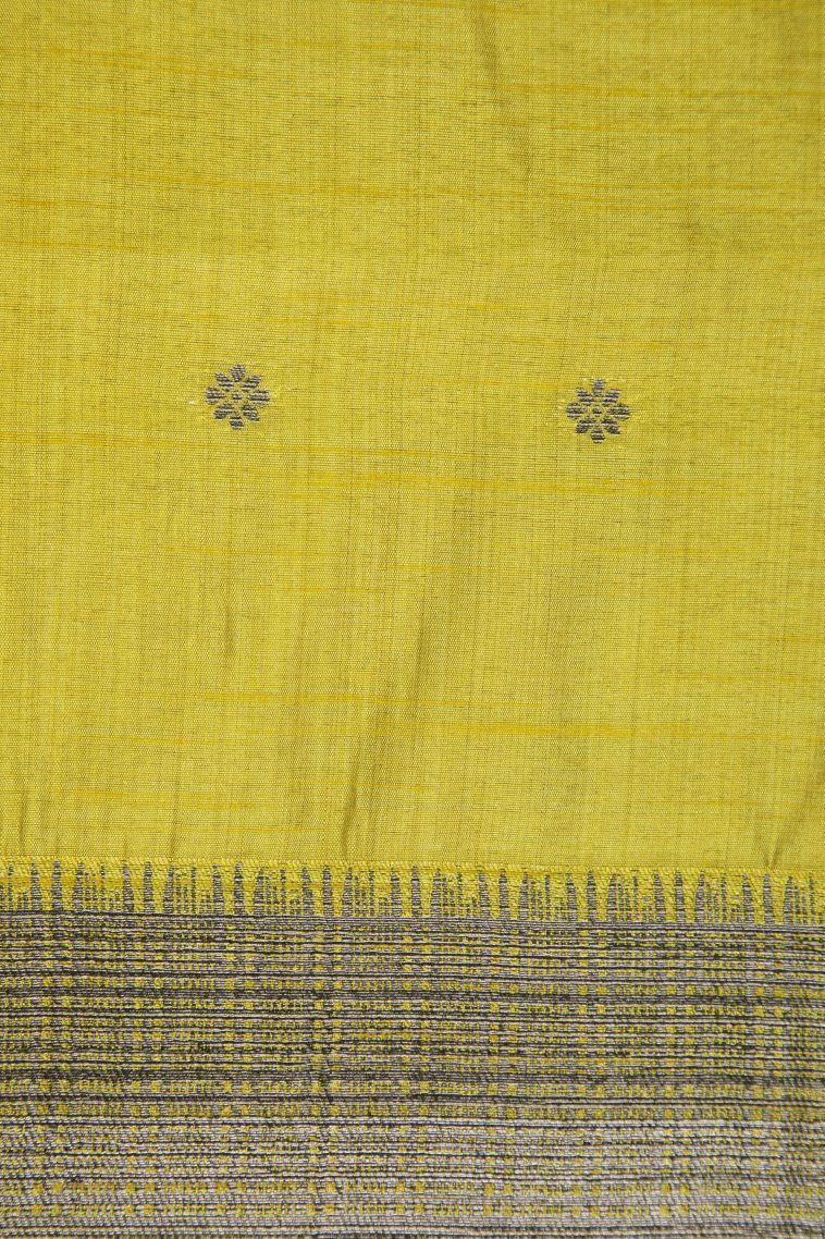 Lime Green Tussar Saree with Bronze Zari Buttis (small Dots Or Motifs) view 3