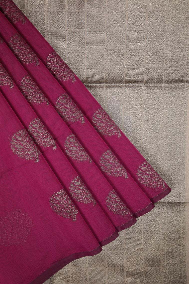 Magenta Purple Silk Cotton Sarees with Silver Zari Buttis (small Dots Or Motifs) view 1