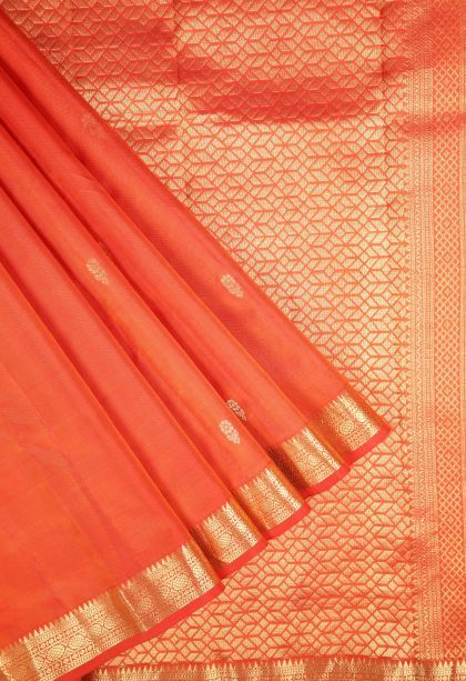 Fire Orange Soft Silk Saree with Gold Zari Buttis (small Dots Or Motifs)