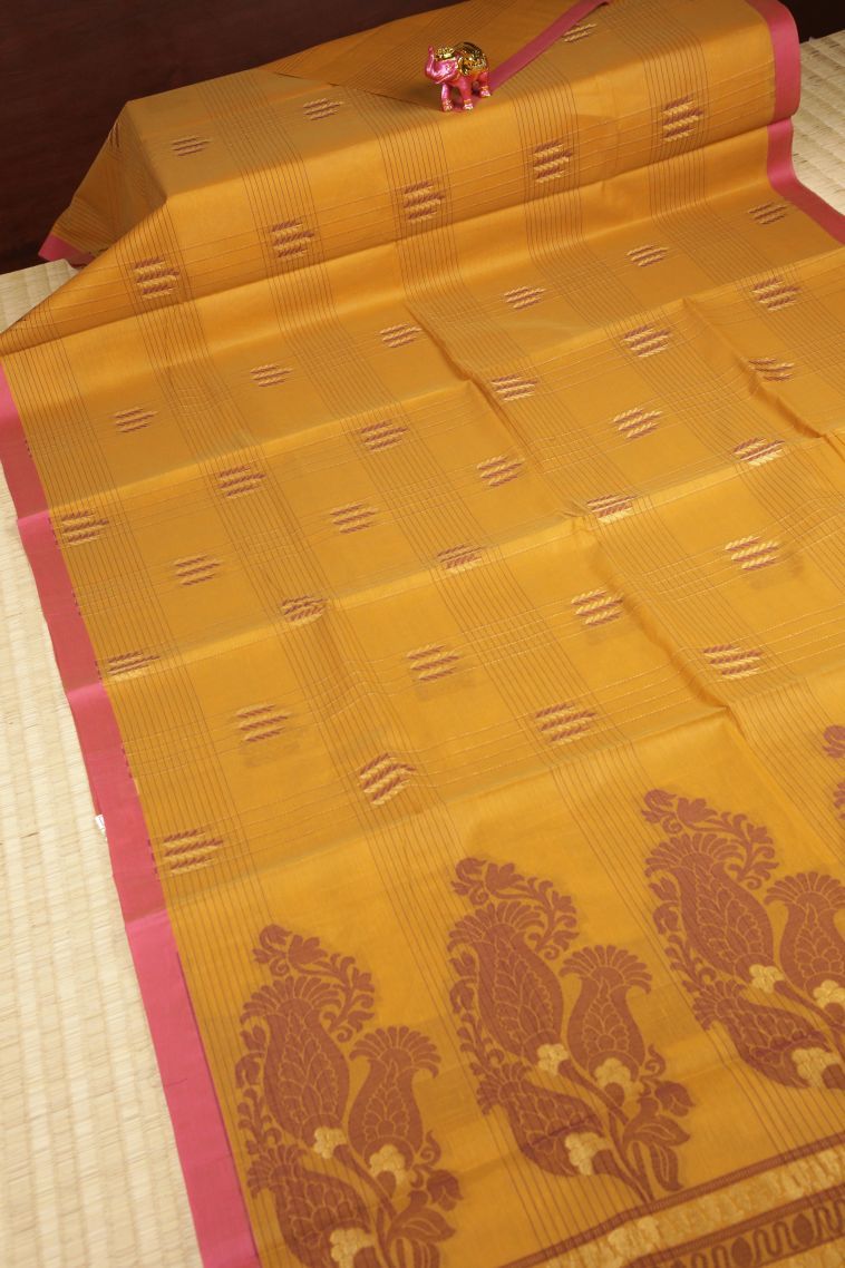 Merigold Orange Kovai Cotton Sarees with Without Zari Zari Checks view 2