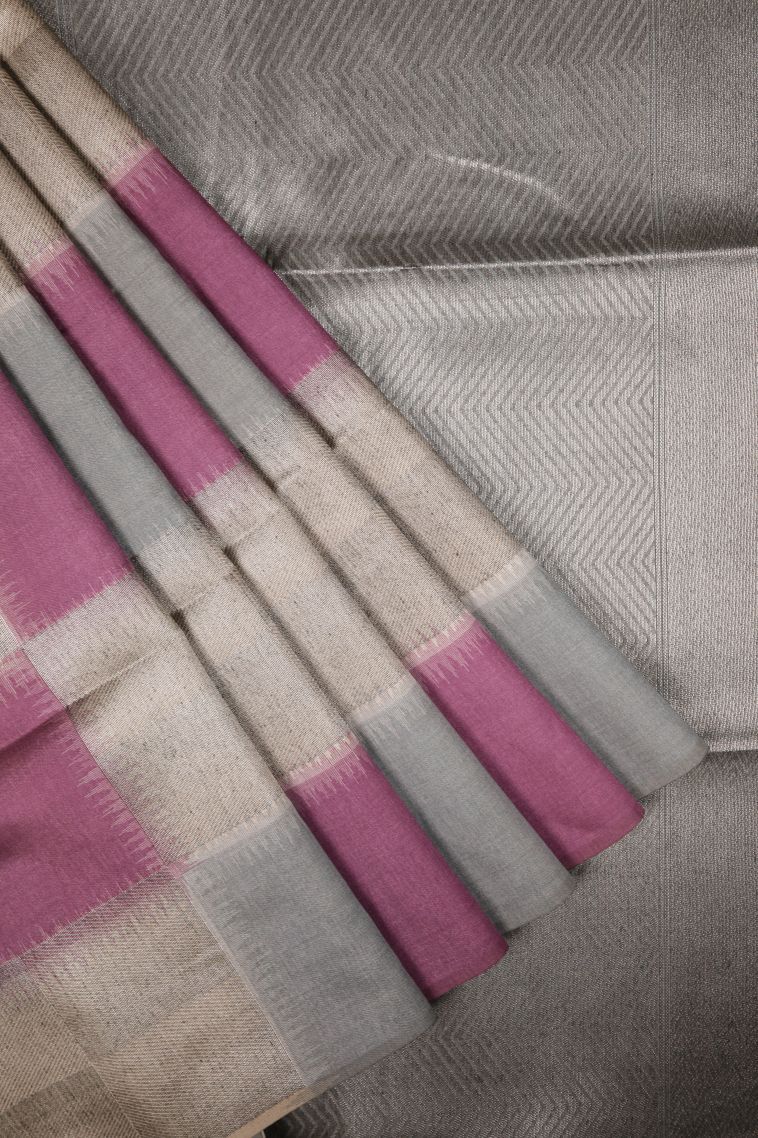 Gray Black Tussar Saree with Bronze Zari Checks view 1