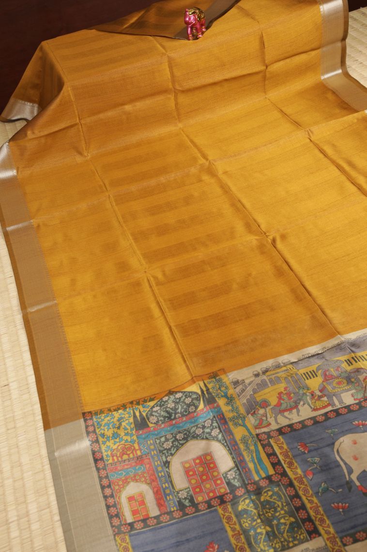Gold Tussar Saree with Without Zari Zari Plain view 2