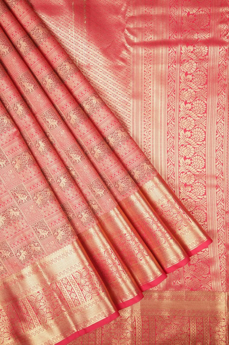 Strawberry Pink Samudrika Pattu with Copper Zari Floral Patterns view 1