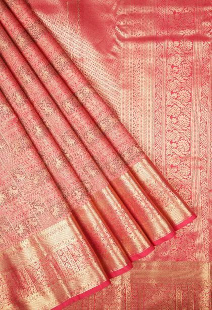Strawberry Pink Samudrika Pattu with Copper Zari Floral Patterns