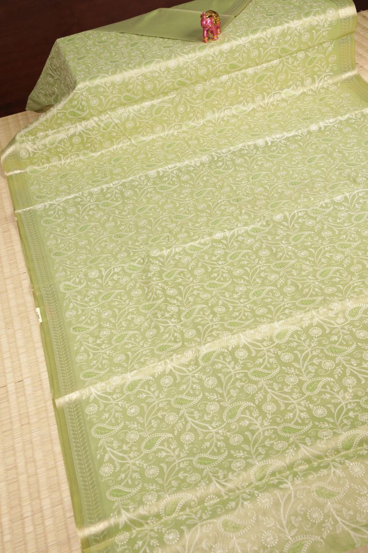 Pistachio Green Tussar Saree with Without Zari Zari Floral Patterns view 2