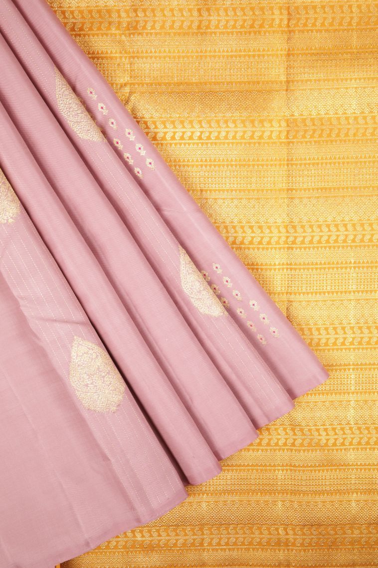 Crepe Pink Kanchipuram Silk Sarees with Gold Zari Buttis (small Dots Or Motifs) view 1