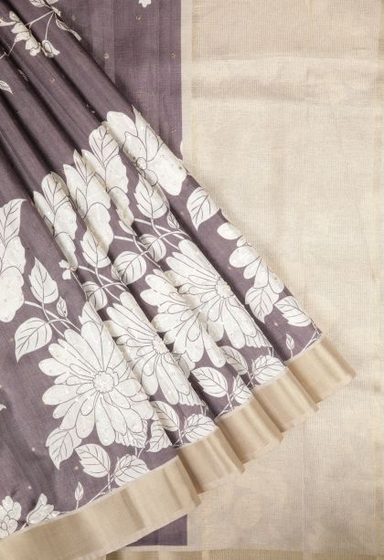 Mauve Purple Tussar Saree with Without Zari Zari Floral Patterns