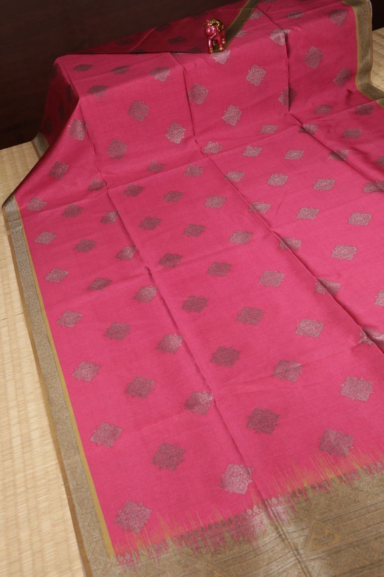 Punch Pink Tussar Saree with Bronze Zari Buttis (small Dots Or Motifs) view 2