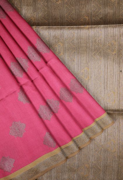 Punch Pink Tussar Saree with Bronze Zari Buttis (small Dots Or Motifs)