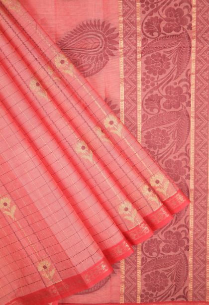 Ballet Pink Kovai Cotton Sarees with Without Zari Zari Checks