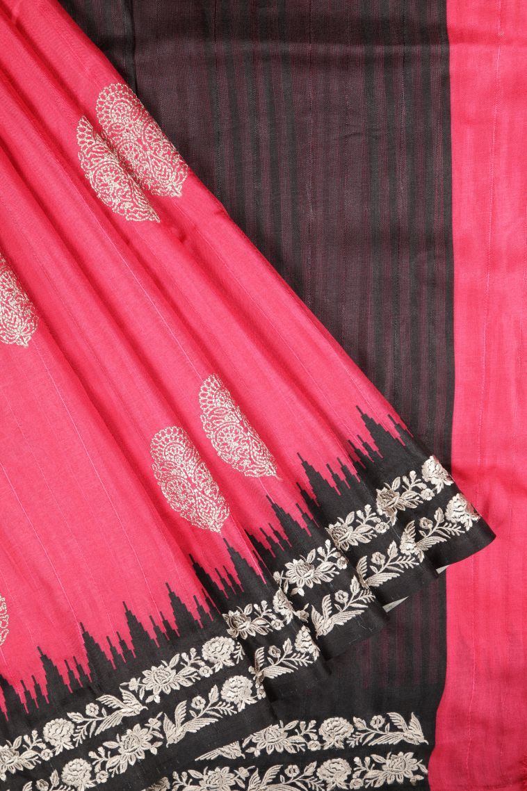 Bubblegum Pink Tussar Saree with Without Zari Zari Buttis (small Dots Or Motifs) view 1