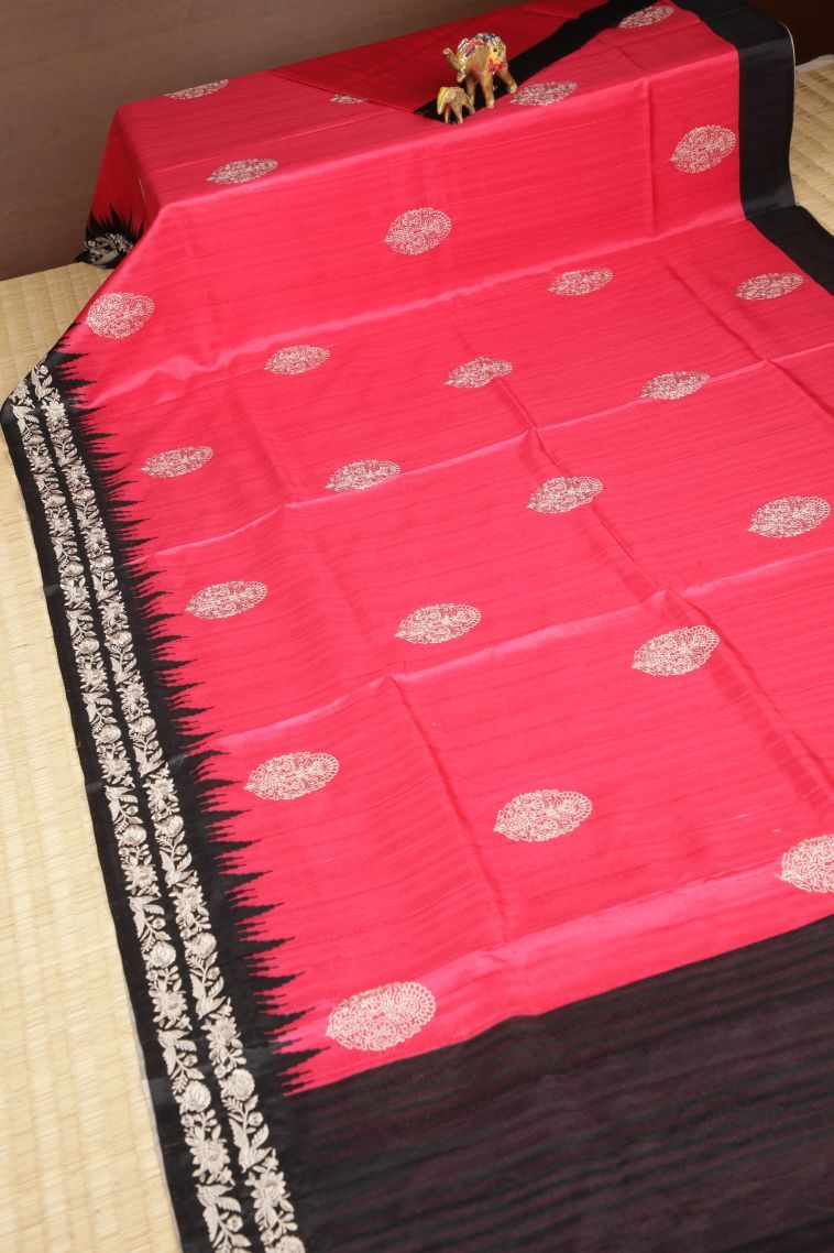 Bubblegum Pink Tussar Saree with Without Zari Zari Buttis (small Dots Or Motifs) view 2