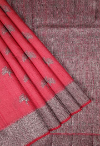 Punch Pink Tussar Saree with Bronze Zari Buttis (small Dots Or Motifs)
