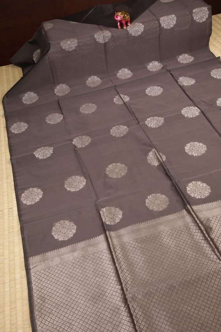 Damp Black Silk Cotton Sarees with Silver Zari Buttis (small Dots Or Motifs) view 2