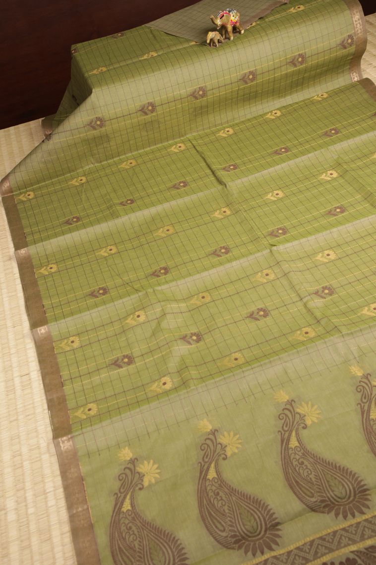Olive Green Kovai Cotton Sarees with Without Zari Zari Checks view 2