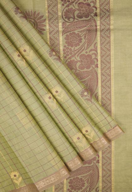 Olive Green Kovai Cotton Sarees with Without Zari Zari Checks