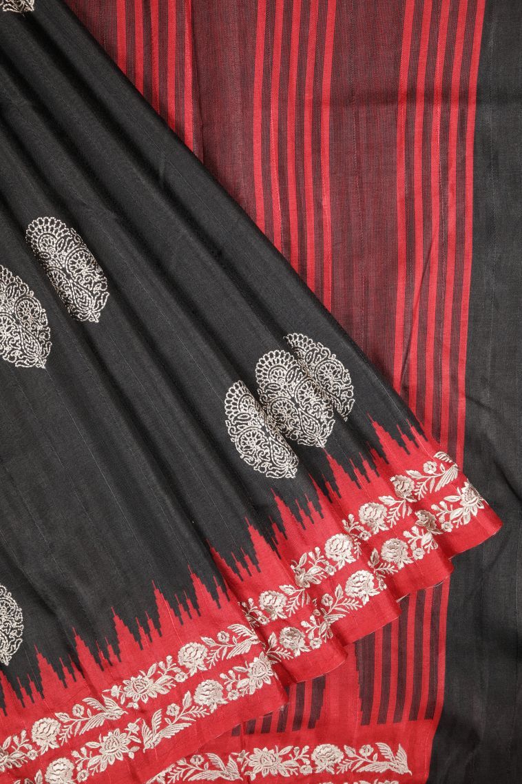 Asphalt Black Tussar Saree with Without Zari Zari Buttis (small Dots Or Motifs) view 1
