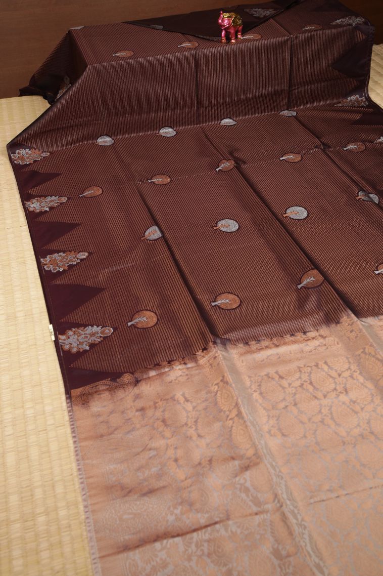Brunette Brown Soft Silk Saree with Copper Zari Stripes view 2