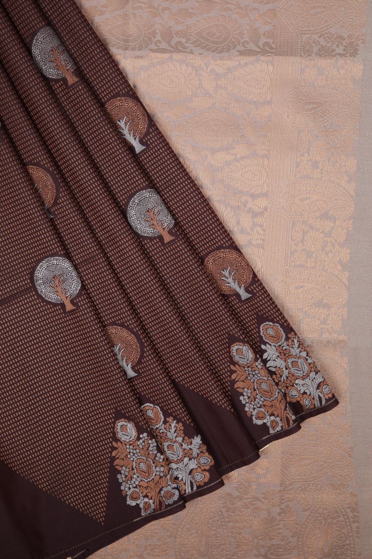 Brunette Brown Soft Silk Saree with Copper Zari Stripes view 1