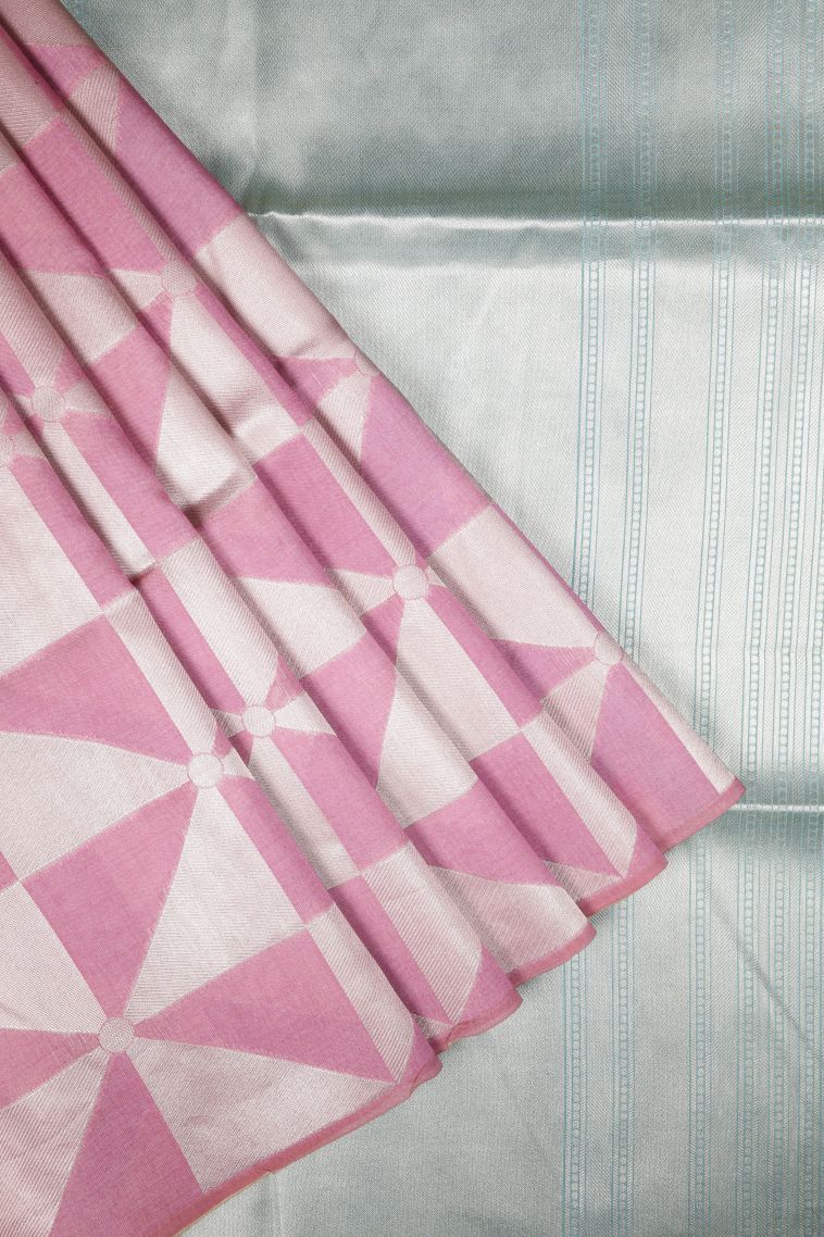 Ballet Pink Tussar Saree with Silver Zari Geometric Shapes view 1