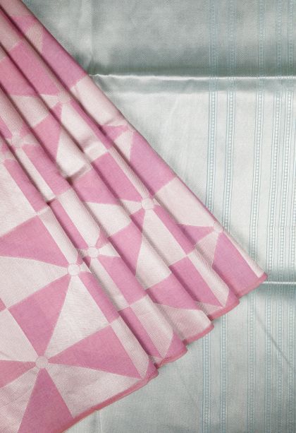 Ballet Pink Tussar Saree with Silver Zari Geometric Shapes