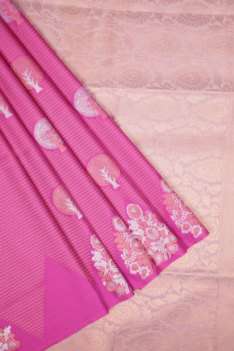 Hot Pink Soft Silk Saree with Copper Zari Stripes view 1