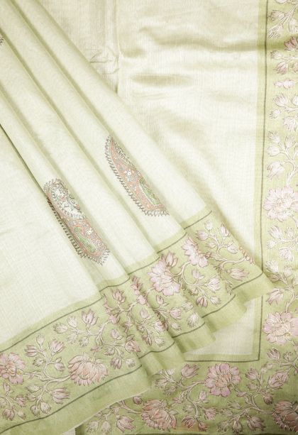 Pistachio Green Tussar Saree with Without Zari Zari Buttis (small Dots Or Motifs)