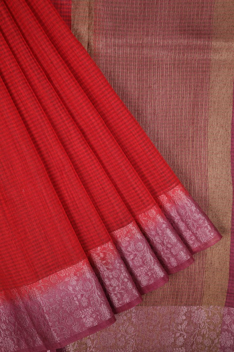 Candy Red Tussar Saree with Without Zari Zari Plain view 1