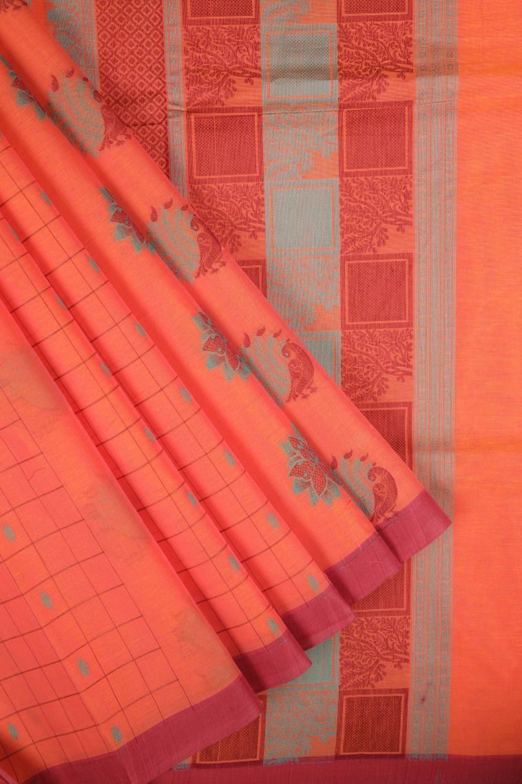 Coral Pink Kovai Cotton Sarees with Without Zari Zari Checks view 1