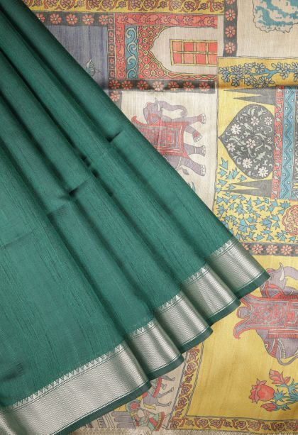 Pine Green Tussar Saree with Without Zari Zari Plain
