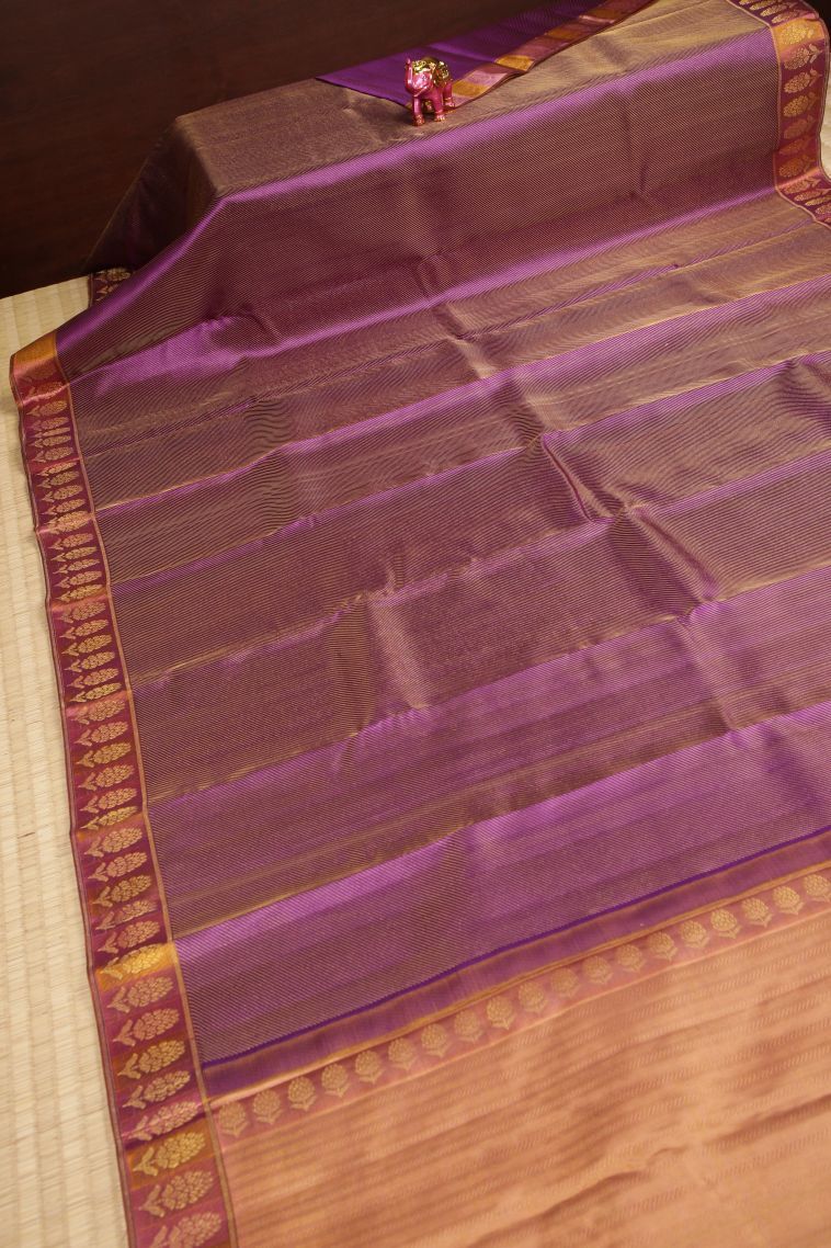 Magenta Purple Kanchipuram Silk Sarees with Gold Zari Stripes view 2