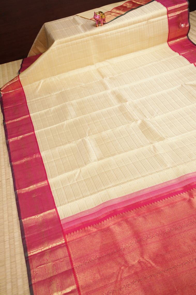 Cream White Kanchipuram Silk Sarees with Gold Zari Checks view 2